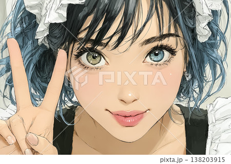 Vサインを見せるメイドカフェ店員のイラスト 138203915
