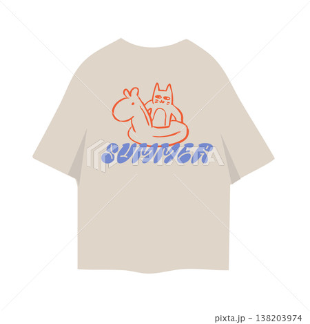 Imperfect hand drawn funny cat in inflatable horse ring on t-shirt mockup. Weird doodle animal with retro summer typography. Sketch scribble vector illustration for funky apparel design and print. Imperfect hand drawn funny cat in inflatable horse ring on t-shirt mockup. Weird doodle animal with retro summer typography. Sketch scribble vector illustration for funky apparel design and print. 138203974