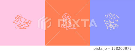 Imperfect hand drawn funny cats on summer vacation. Set of colorful minimalist square cards with weird doodle animals sunbathing and eating watermelon. Sketch scribble vector illustration for print. 138203975