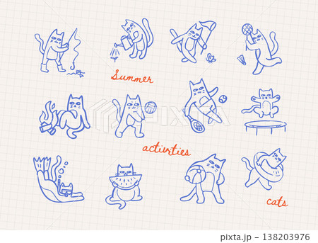 Imperfect hand drawn funny cats doing summer activities. Set of weird doodle animals fishing, hiking, gardening and relaxing on beach. Sketch scribble ink vector illustration for funky t-shirt print. Imperfect hand drawn funny cats doing summer activities. Set of weird doodle animals fishing, hiking, gardening and relaxing on beach. Sketch scribble ink vector illustration for funky t-shirt print. 138203976