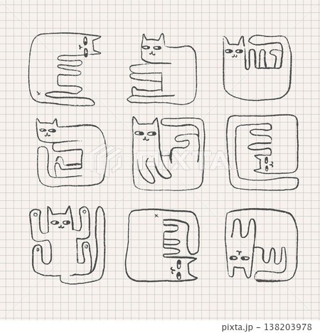 Imperfect hand drawn funny cats in square shapes. Set of weird doodle outline animals on grid background. Sketch scribble gray slate-pencil vector illustration for funky tattoo, sticker or kids print. Imperfect hand drawn funny cats in square shapes. Set of weird doodle outline animals on grid background. Sketch scribble gray slate-pencil vector illustration for funky tattoo, sticker or kids print. 138203978