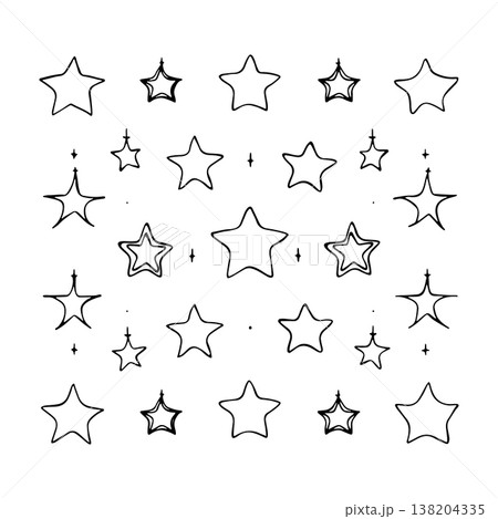 Unique pattern of outlined stars in various sizes on a white background perfect for design projects and creative uses Unique pattern of outlined stars in various sizes on a white background perfect for design projects and creative uses 138204335
