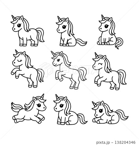Cute unicorn sketches in different poses on a clean white background showcasing playful and whimsical designs 138204346