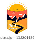 Badge with sun and mountain landscape and typography road to adventure. Travel concept emblem sticker, poster design 138204429