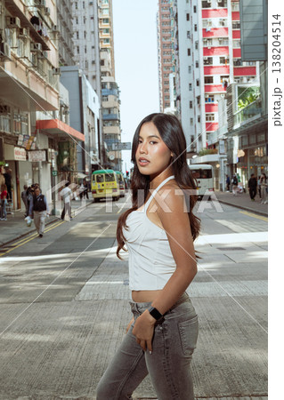 Asian Woman Smiling on Kennedy Town Street Hong Kong 138204514