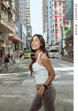 Asian Woman Smiling on Kennedy Town Street Hong Kong 138204516