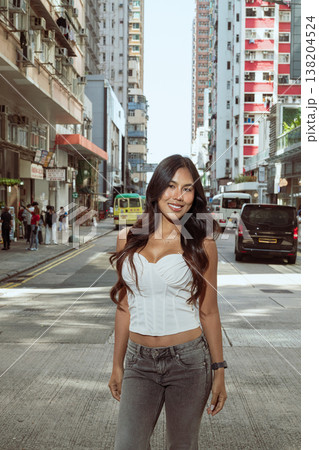 Asian Woman Smiling on Kennedy Town Street Hong Kong Asian Woman Smiling on Kennedy Town Street Hong Kong 138204524