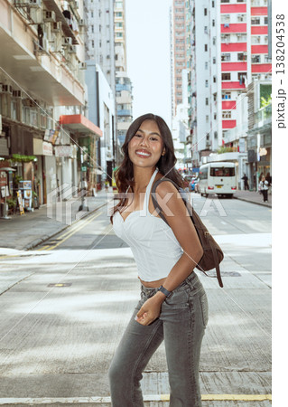 Asian Woman Smiling on Kennedy Town Street Hong Kong Asian Woman Smiling on Kennedy Town Street Hong Kong 138204538