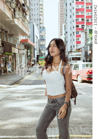 Asian Woman Smiling on Kennedy Town Street Hong Kong Asian Woman Smiling on Kennedy Town Street Hong Kong 138204542