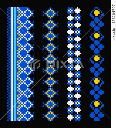 Pixel Ukrainian Blue Yellow Ornaments Set on Black Pixel Ukrainian Blue Yellow Ornaments Set on Black 138204797