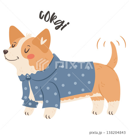Corgi dog wearing blue cloak and bowtie in adorable stylish outfit illustration 138204843