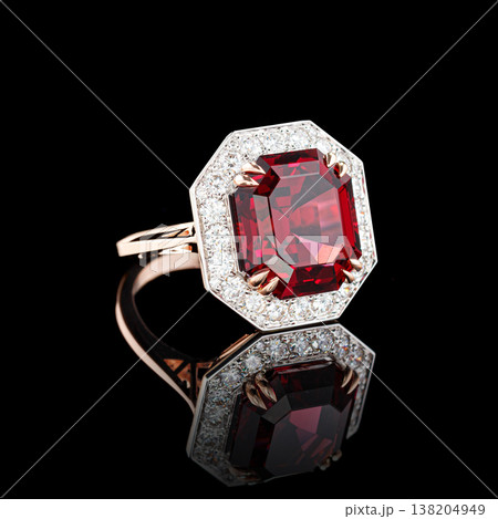 Beautiful red gold ring with diamonds and garnet on a black background 138204949