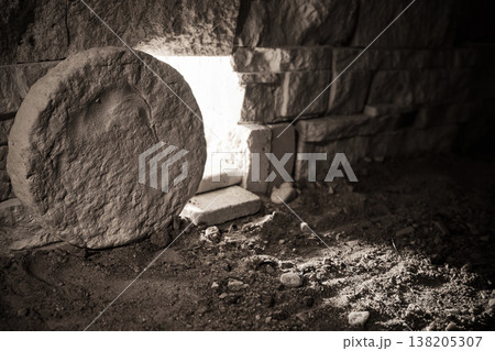 Empty tomb of jesus christ, darkness and light Empty tomb of jesus christ, darkness and light 138205307