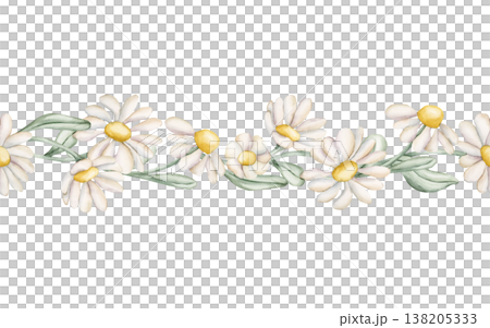 Cute Daisy Chamomile Flowers Seamless Border. Wildflowers Watercolor summer spring floral illustration hand painted isolated on white background for nursery baby kids design fresh prints cards textile Cute Daisy Chamomile Flowers Seamless Border. Wildflowers Watercolor summer spring floral illustration hand painted isolated on white background for nursery baby kids design fresh prints cards textile 138205333
