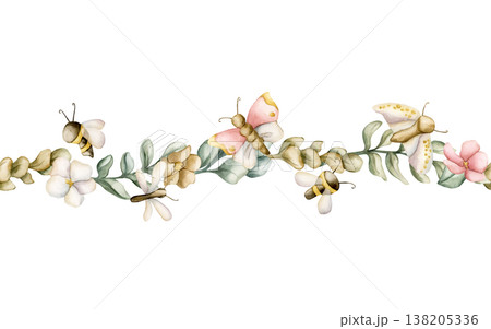 Cute insects Flowers Leaves Seamless Border. Butterfly Bee Dragonfly Moth Watercolor illustration hand painted isolated on white background for nursery baby kids design spring summer cards textile Cute insects Flowers Leaves Seamless Border. Butterfly Bee Dragonfly Moth Watercolor illustration hand painted isolated on white background for nursery baby kids design spring summer cards textile 138205336