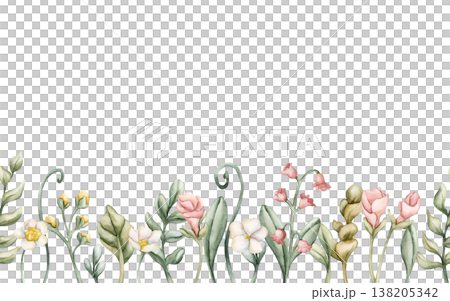Cute Meadow Flowers Plants Seamless Border. Wildflowers Watercolor summer spring floral illustration hand painted isolated on white background for nursery baby kids design fresh prints cards textile 138205342