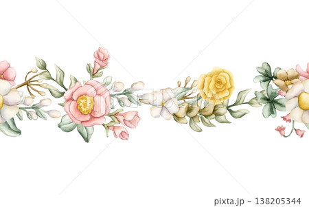 Cute Colourful Meadow Flowers Seamless Border. Wildflowers Watercolor summer spring bloom floral illustration hand painted isolated on white background for nursery baby kids design fresh cards textile Cute Colourful Meadow Flowers Seamless Border. Wildflowers Watercolor summer spring bloom floral illustration hand painted isolated on white background for nursery baby kids design fresh cards textile 138205344
