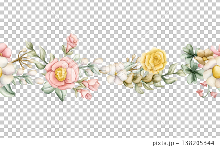 Cute Colourful Meadow Flowers Seamless Border. Wildflowers Watercolor summer spring bloom floral illustration hand painted isolated on white background for nursery baby kids design fresh cards textile Cute Colourful Meadow Flowers Seamless Border. Wildflowers Watercolor summer spring bloom floral illustration hand painted isolated on white background for nursery baby kids design fresh cards textile 138205344