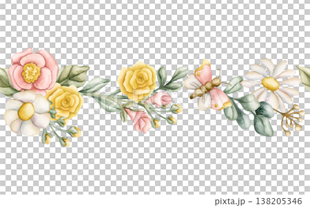 Cute Colourful Meadow Flowers Seamless Border. Wildflowers Watercolor summer spring bloom floral illustration hand painted isolated on white background for nursery baby kids design fresh cards textile Cute Colourful Meadow Flowers Seamless Border. Wildflowers Watercolor summer spring bloom floral illustration hand painted isolated on white background for nursery baby kids design fresh cards textile 138205346