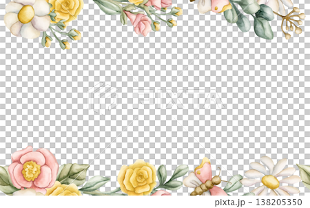 Cute Colourful Meadow Flowers Frame. Wildflowers Watercolor summer spring bloom floral illustration hand painted isolated on white background for nursery baby kids design fresh whimsical Easter cards Cute Colourful Meadow Flowers Frame. Wildflowers Watercolor summer spring bloom floral illustration hand painted isolated on white background for nursery baby kids design fresh whimsical Easter cards 138205350