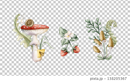 Cute Mushrooms Wild Strawberry Leaves . Watercolor summer floral forest illustration hand painted isolated on white background for nursery baby kids design fresh whimsical prints cards mystery textile 138205367