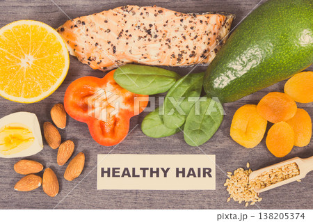 Nutritious products and ingredients containing differents vitamins or minerals for healthy hair Nutritious products and ingredients containing differents vitamins or minerals for healthy hair 138205374