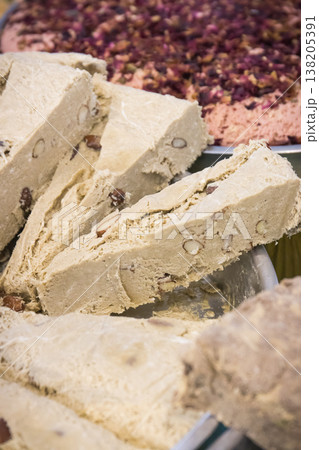 Halva with vanilla and pomegranate juice. Traditional balkan dessert Halva with vanilla and pomegranate juice. Traditional balkan dessert 138205391