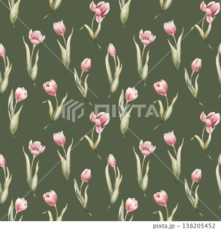 Pink Tulip Seamless Pattern Spring Garden Bulbs Flower. Watercolor hand drawn floral illustration isolated on green background for Easter Woman's day design textile fresh fabric print cosmetic package Pink Tulip Seamless Pattern Spring Garden Bulbs Flower. Watercolor hand drawn floral illustration isolated on green background for Easter Woman's day design textile fresh fabric print cosmetic package 138205452