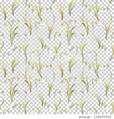 Snowdrops Seamless Pattern Spring Bulb Flowers. Watercolor hand drawn floral illustration isolated on white background for Easter design mystery textile fresh fabric whimsical print cosmetic package Snowdrops Seamless Pattern Spring Bulb Flowers. Watercolor hand drawn floral illustration isolated on white background for Easter design mystery textile fresh fabric whimsical print cosmetic package 138205459