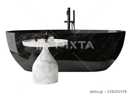Scene shows a bathtub and side table cut out and isolated on a clear background. The design features simple lines and shapes in a realistic 3D render Scene shows a bathtub and side table cut out and isolated on a clear background. The design features simple lines and shapes in a realistic 3D render 138205476