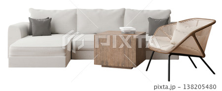 This scene presents a collection of cut out furniture including a modern sofa with cushions, a wooden table, and a rattan chair This scene presents a collection of cut out furniture including a modern sofa with cushions, a wooden table, and a rattan chair 138205480