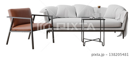 Cut out furniture shows a sofa and chair beside a small table. The design is modern and realistic. Items stand isolated on a clear background for focus on shape and style 138205481