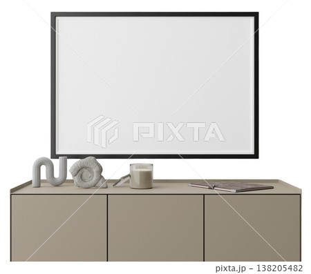 A realistic 3D render shows modern furniture. The composition includes a cabinet, a framed picture, a candle, and decoration items, all isolated on a clear background 138205482