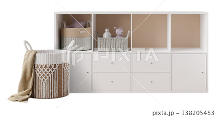 The scene shows cut out furniture arranged in a balanced way on a clear background. This setup includes storage bins with toys and a decorative basket, showcasing clean lines and simple shapes 138205483