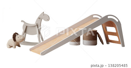 A collection of furniture pieces features a slide, rocking horse, and toy animals arranged on a clear background. This setup is ideal for a children's playroom design concept A collection of furniture pieces features a slide, rocking horse, and toy animals arranged on a clear background. This setup is ideal for a children's playroom design concept 138205485