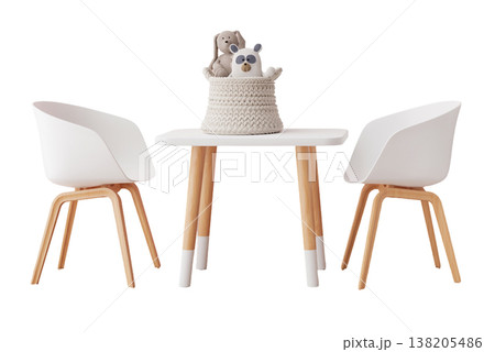 A set of furniture shows two white chairs and a light wooden table. A basket holds toys placed in the center. The design is suitable for a children's room or play area 138205486