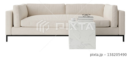 A modern furniture setup shows a simple couch next to a small table. This arrangement features a soft color scheme and clean lines. It is placed on a clear background, allowing focus on shapes A modern furniture setup shows a simple couch next to a small table. This arrangement features a soft color scheme and clean lines. It is placed on a clear background, allowing focus on shapes 138205490