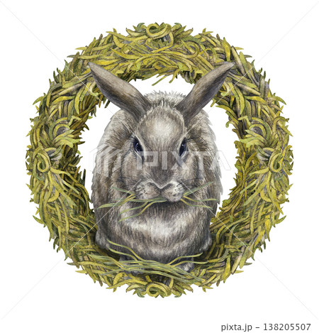 Watercolor rabbit composition with natural botanical hay wreath on white background. Soft neutral tones, rustic style for Easter design, farm branding, hay label, stationary, organic lifestyle project Watercolor rabbit composition with natural botanical hay wreath on white background. Soft neutral tones, rustic style for Easter design, farm branding, hay label, stationary, organic lifestyle project 138205507