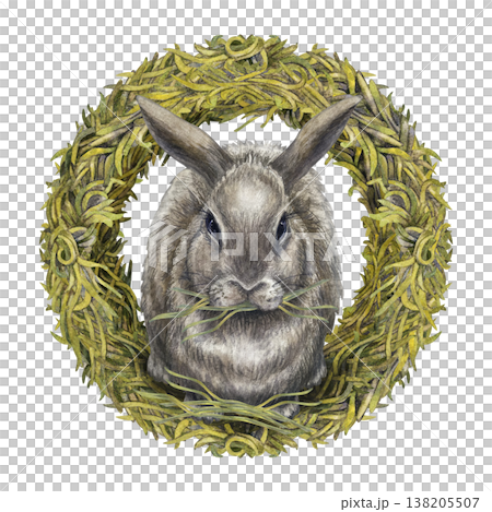 Watercolor rabbit composition with natural botanical hay wreath on white background. Soft neutral tones, rustic style for Easter design, farm branding, hay label, stationary, organic lifestyle project Watercolor rabbit composition with natural botanical hay wreath on white background. Soft neutral tones, rustic style for Easter design, farm branding, hay label, stationary, organic lifestyle project 138205507