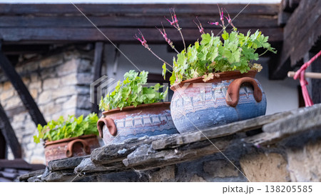 Traditional Painted Ceramic Pots on Stone Tiled Rooftop 138205585