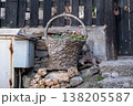 Decorative Stone Basket Planter with Flowers near Rustic Fence 138205587