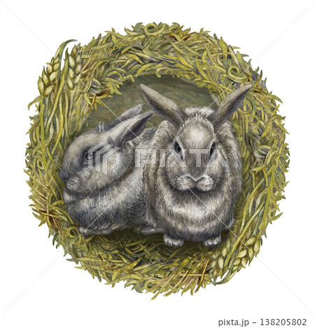 Watercolor rabbit composition with natural botanical hay nest on white background. Soft neutral tones, rustic style for Easter design, farm branding, hay labels, stationary, organic lifestyle projects 138205802