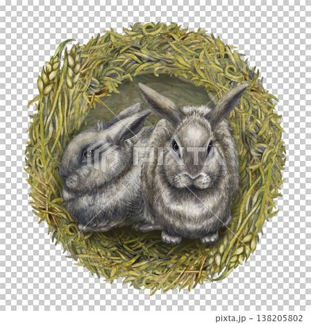 Watercolor rabbit composition with natural botanical hay nest on white background. Soft neutral tones, rustic style for Easter design, farm branding, hay labels, stationary, organic lifestyle projects 138205802