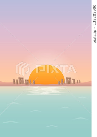Ancient stone circle on coast at sunset vector illustration. Ancient stone circle on coast at sunset vector illustration. 138205900