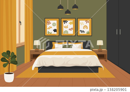 Modern bedroom interior with dark olive walls and yellow curtains vector illustration. Modern bedroom interior with dark olive walls and yellow curtains vector illustration. 138205901