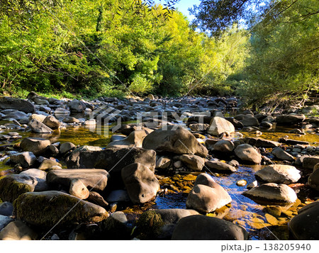 Tranquil river scene with smooth stones and vibrant greenery, sunlight filtering through trees, showcasing the beauty of nature and peaceful ambiance Tranquil river scene with smooth stones and vibrant greenery, sunlight filtering through trees, showcasing the beauty of nature and peaceful ambiance 138205940