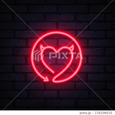 Neon heart with small horns inside glowing circle frame. Bright red outline adds playful devilish vibe. Great for Valentine graphics, edgy love concepts, or party decor. Neon heart with small horns inside glowing circle frame. Bright red outline adds playful devilish vibe. Great for Valentine graphics, edgy love concepts, or party decor. 138206010