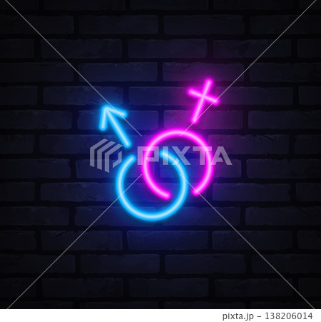 Neon male and female symbols intertwined in vivid blue and pink. Modern glowing lines represent relationship and gender theme. Ideal for equality visuals Neon male and female symbols intertwined in vivid blue and pink. Modern glowing lines represent relationship and gender theme. Ideal for equality visuals 138206014