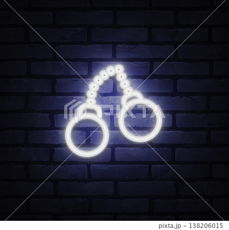 Neon handcuffs icon shining in white light on brick background. Strong outline conveys passion and daring lifestyle concept. Suitable for club decor, themed posters, or bold design projects. Neon handcuffs icon shining in white light on brick background. Strong outline conveys passion and daring lifestyle concept. Suitable for club decor, themed posters, or bold design projects. 138206015