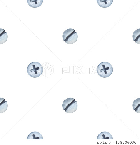 Seamless pattern with metal caps of screws and bolts on an insulated background. Watercolor illustration of working tools for fixing. Realistic drawing for packaging, wallpaper and decoration of 138206036